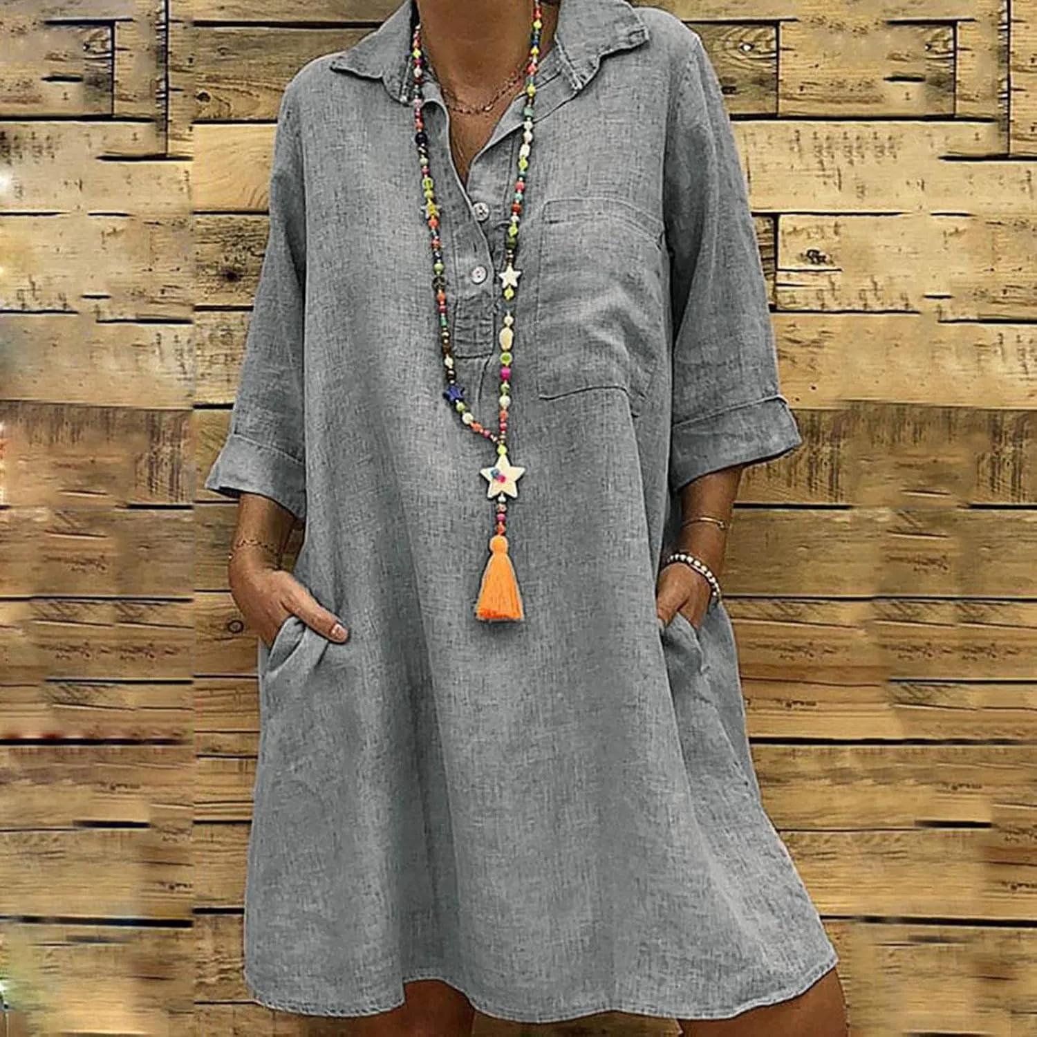 Women's Casual Dress 3/4 Sleeve V Neck Lapel Linen Dresses with Pockets Solid Color Cotton Spring Summer Midi Dress