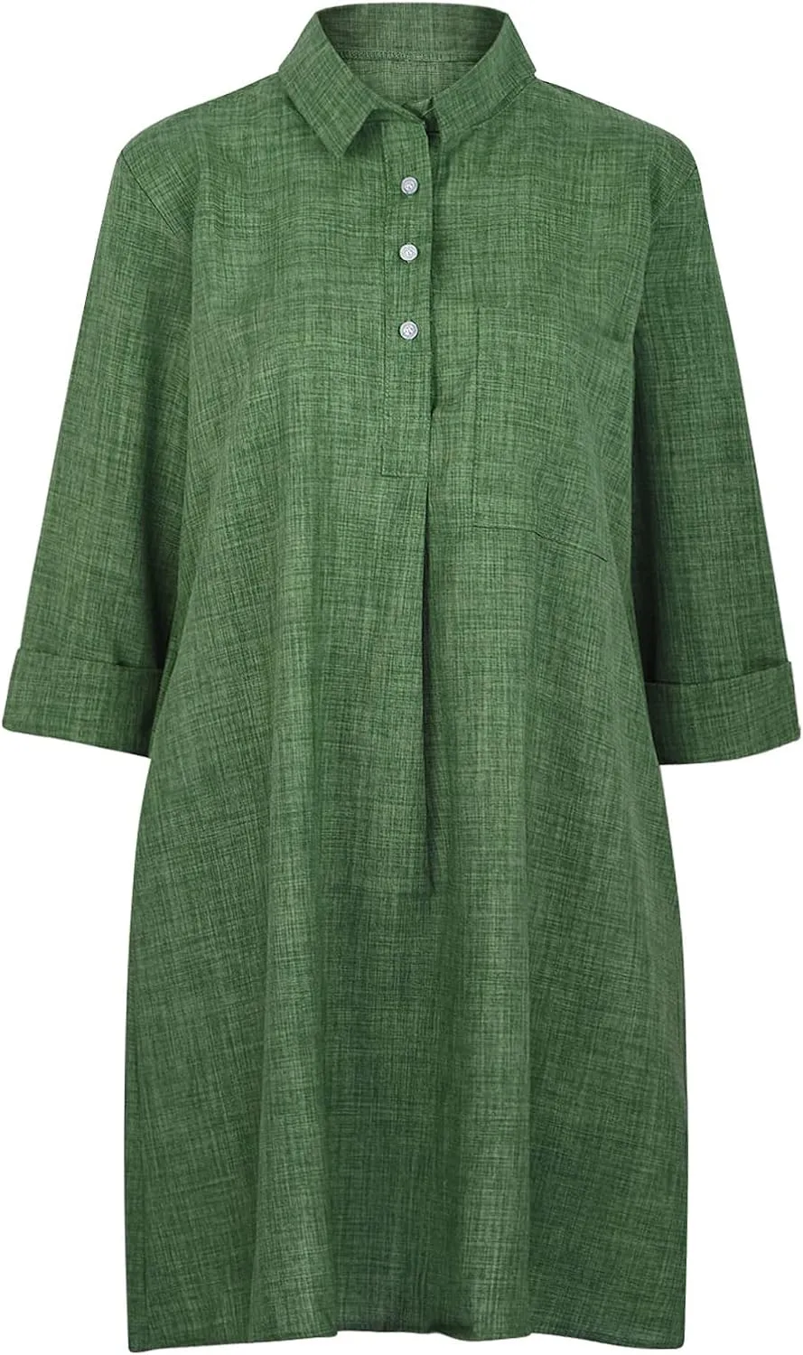 Women's Casual Dress 3/4 Sleeve V Neck Lapel Linen Dresses with Pockets Solid Color Cotton Spring Summer Midi Dress