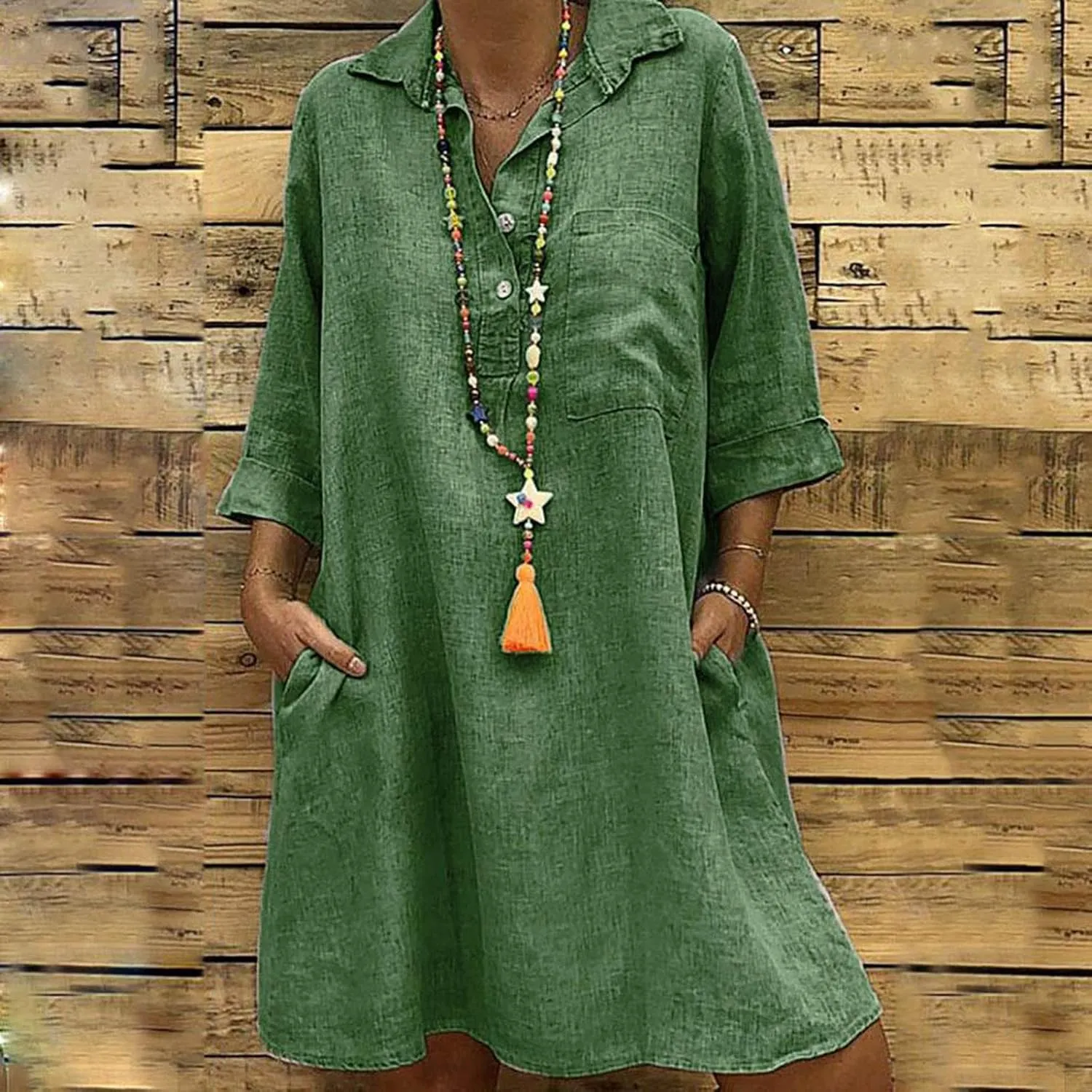 Women's Casual Dress 3/4 Sleeve V Neck Lapel Linen Dresses with Pockets Solid Color Cotton Spring Summer Midi Dress