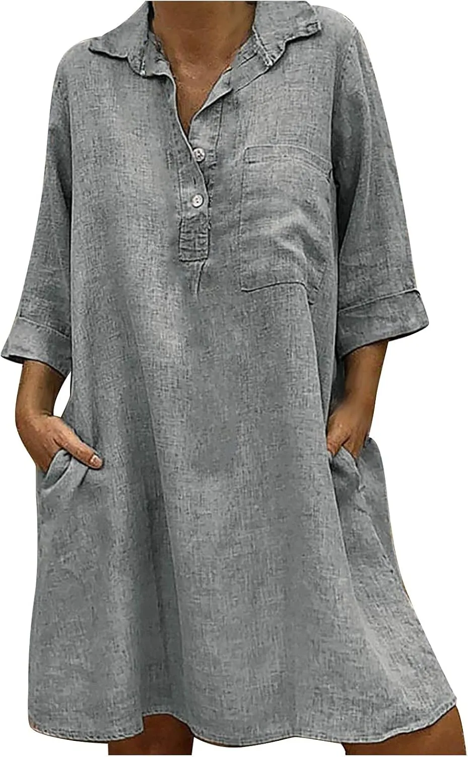 Women's Casual Dress 3/4 Sleeve V Neck Lapel Linen Dresses with Pockets Solid Color Cotton Spring Summer Midi Dress
