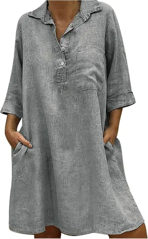 Women's Casual Dress 3/4 Sleeve V Neck Lapel Linen Dresses with Pockets Solid Color Cotton Spring Summer Midi Dress