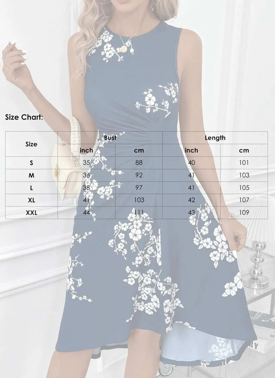 Womens Casual Dresses Sleeveless Summer Dresses Boho Floral Beach Sundresses Spring A-Line Dress with Round Neck
