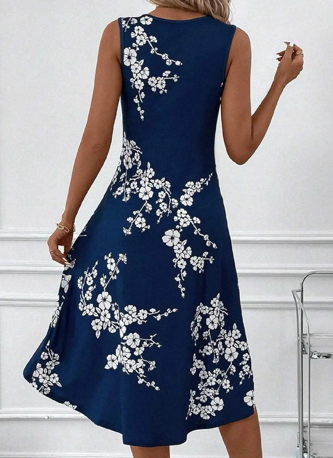 Womens Casual Dresses Sleeveless Summer Dresses Boho Floral Beach Sundresses Spring A-Line Dress with Round Neck