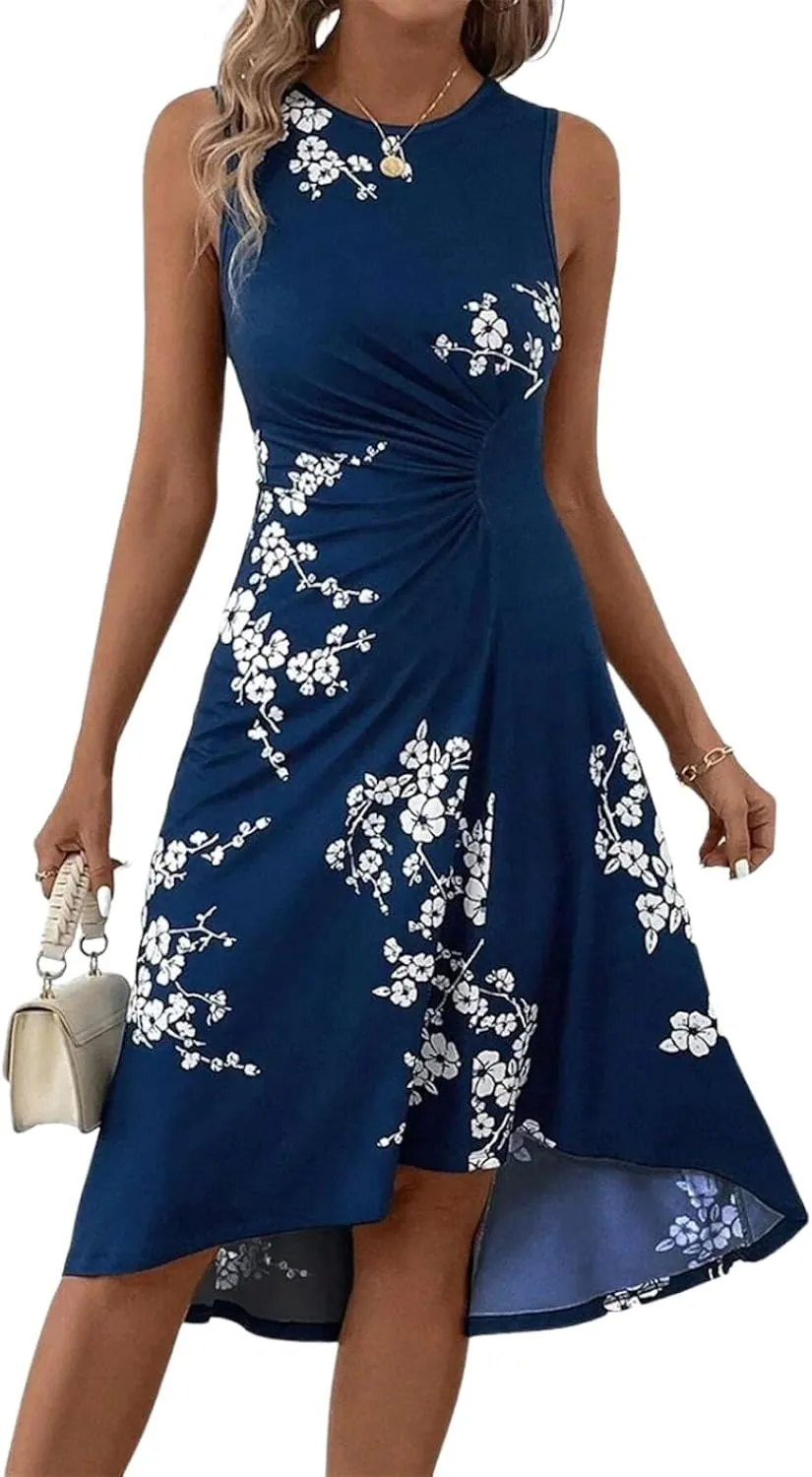 Womens Casual Dresses Sleeveless Summer Dresses Boho Floral Beach Sundresses Spring A-Line Dress with Round Neck