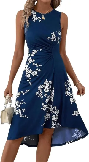 Womens Casual Dresses Sleeveless Summer Dresses Boho Floral Beach Sundresses Spring A-Line Dress with Round Neck