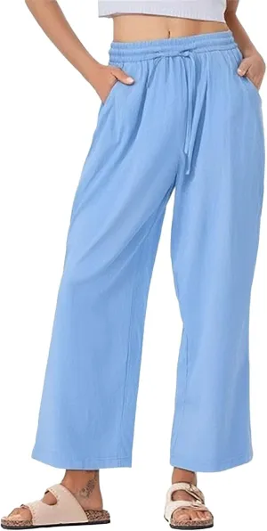 Womens Casual Linen High Waist Pants Drawstring Waist Loose Fit Summer Pants Beach Trousers Outfits