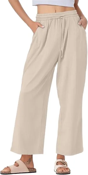 Womens Casual Linen High Waist Pants Drawstring Waist Loose Fit Summer Pants Beach Trousers Outfits