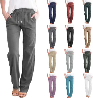 Womens Casual Linen Pants Drawstring Elastic High Waist Straight Leg Pant Lounge Trousers with Pockets Vacation Pants