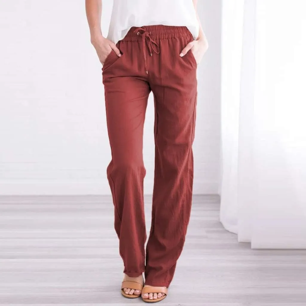 Womens Casual Linen Pants Drawstring Elastic High Waist Straight Leg Pant Lounge Trousers with Pockets Vacation Pants