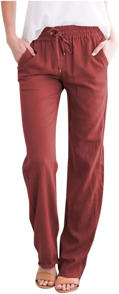 Womens Casual Linen Pants Drawstring Elastic High Waist Straight Leg Pant Lounge Trousers with Pockets Vacation Pants