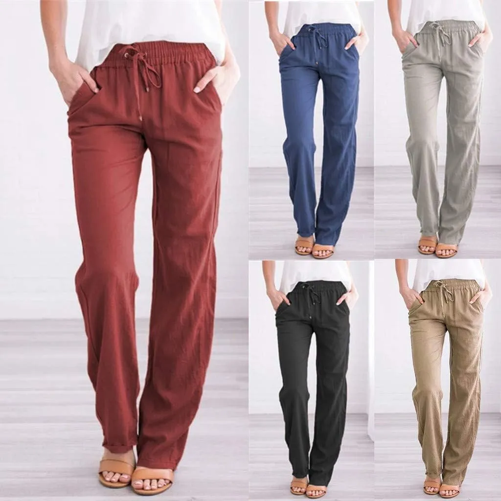 Womens Casual Linen Pants Drawstring Elastic High Waist Straight Leg Pant Lounge Trousers with Pockets Vacation Pants