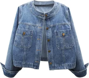 Womens Collarless Long Sleeve Denim Jacket Round Neck Button Down Jean Jackets