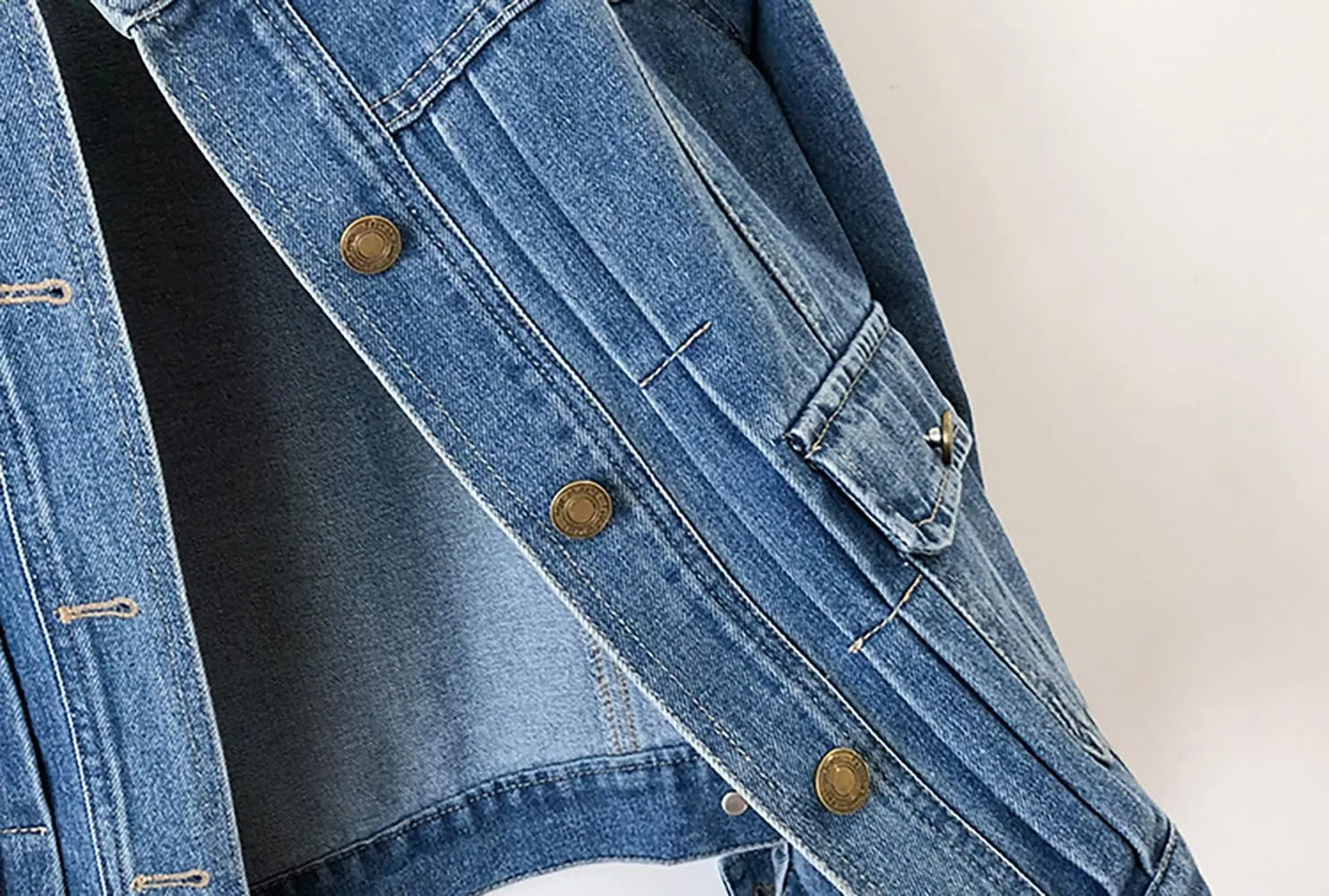 Womens Collarless Long Sleeve Denim Jacket Round Neck Button Down Jean Jackets