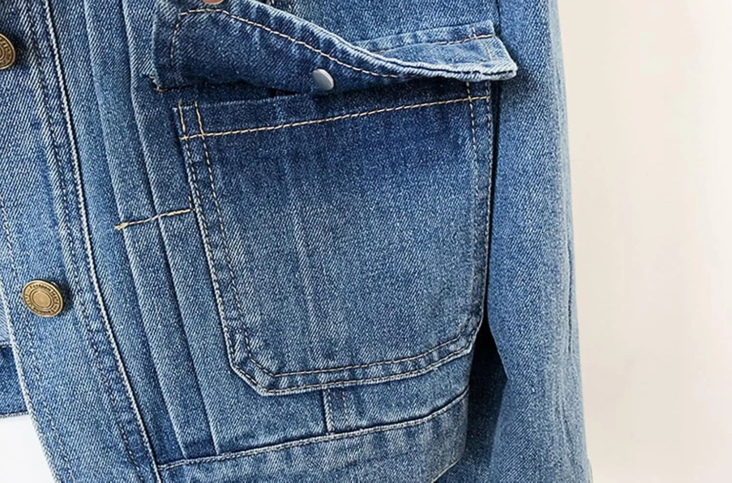 Womens Collarless Long Sleeve Denim Jacket Round Neck Button Down Jean Jackets