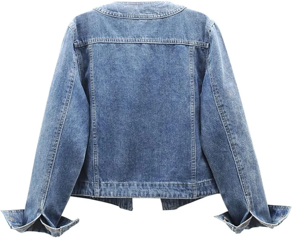 Womens Collarless Long Sleeve Denim Jacket Round Neck Button Down Jean Jackets