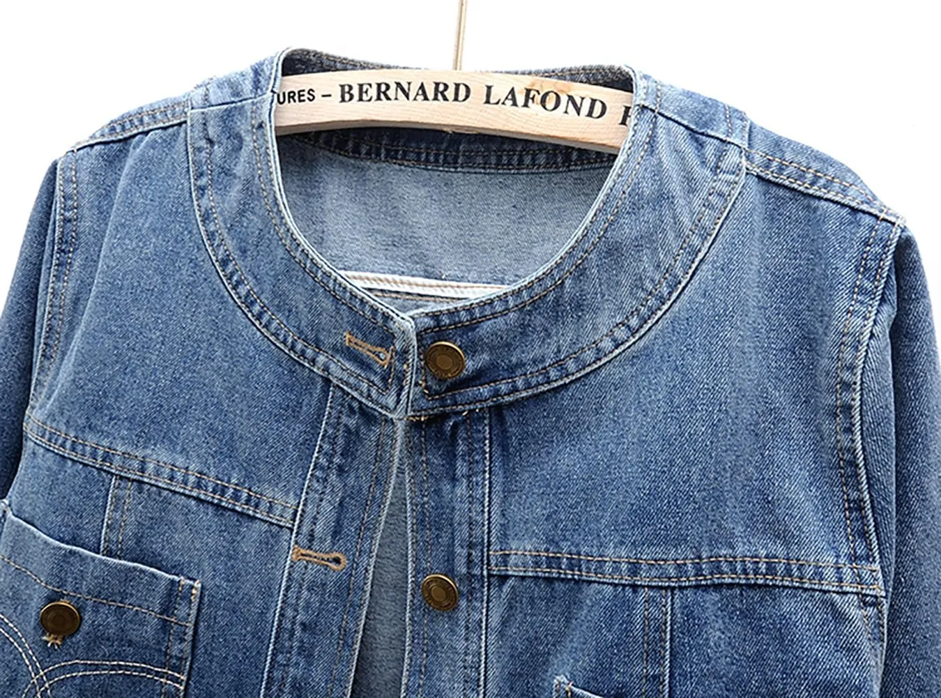Womens Collarless Long Sleeve Denim Jacket Round Neck Button Down Jean Jackets