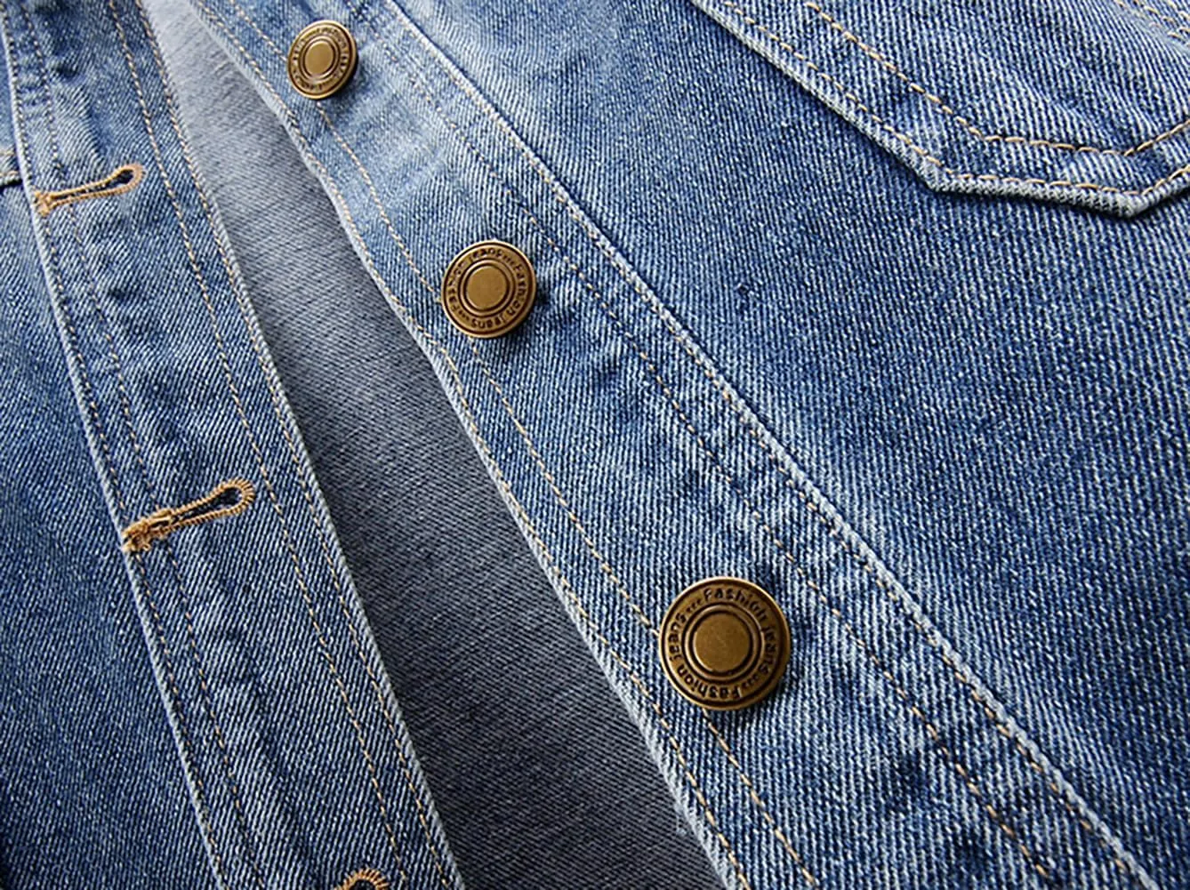 Womens Collarless Long Sleeve Denim Jacket Round Neck Button Down Jean Jackets
