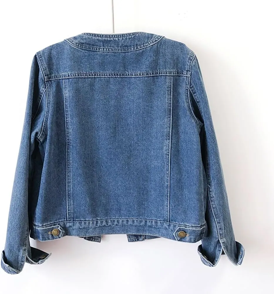 Womens Collarless Long Sleeve Denim Jacket Round Neck Button Down Jean Jackets