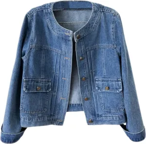 Womens Collarless Long Sleeve Denim Jacket Round Neck Button Down Jean Jackets