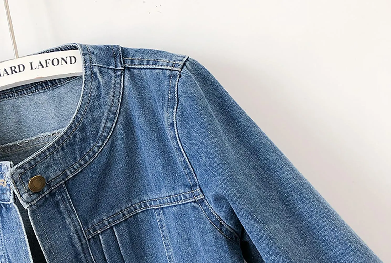 Womens Collarless Long Sleeve Denim Jacket Round Neck Button Down Jean Jackets
