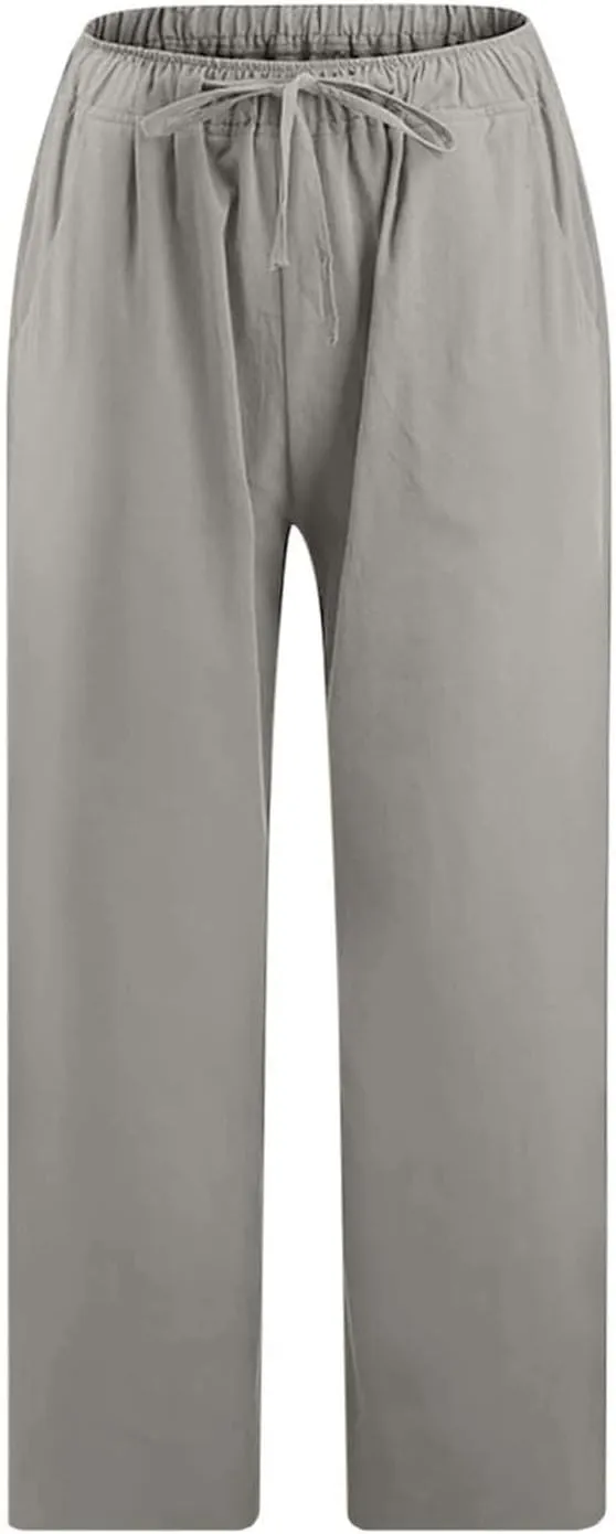 Womens Cotton Linen Capri Pants 2025 Summer Drawstring Elastic High Waist Pant Wide Leg Trouser Beach Cropped Pants