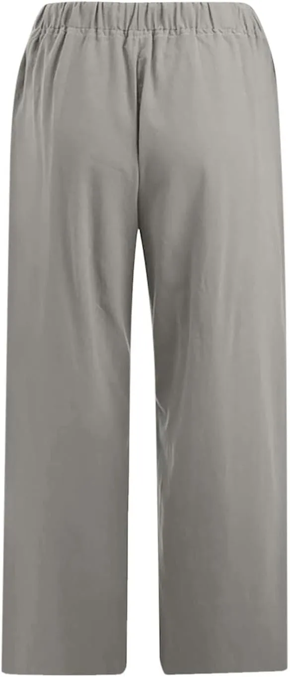 Womens Cotton Linen Capri Pants 2025 Summer Drawstring Elastic High Waist Pant Wide Leg Trouser Beach Cropped Pants