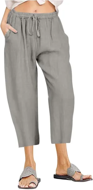 Womens Cotton Linen Capri Pants 2025 Summer Drawstring Elastic High Waist Pant Wide Leg Trouser Beach Cropped Pants