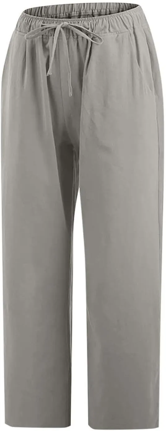 Womens Cotton Linen Capri Pants 2025 Summer Drawstring Elastic High Waist Pant Wide Leg Trouser Beach Cropped Pants