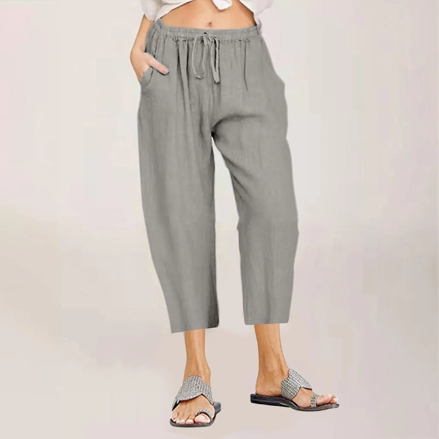 Womens Cotton Linen Capri Pants 2025 Summer Drawstring Elastic High Waist Pant Wide Leg Trouser Beach Cropped Pants