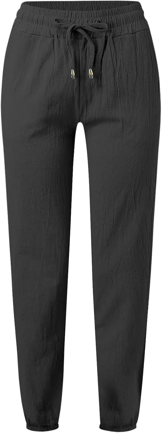 Womens Cotton Linen Casual Pants Straight Leg Drawstring Sweatpants Elastic High Waist Summer Trousers with Pockets
