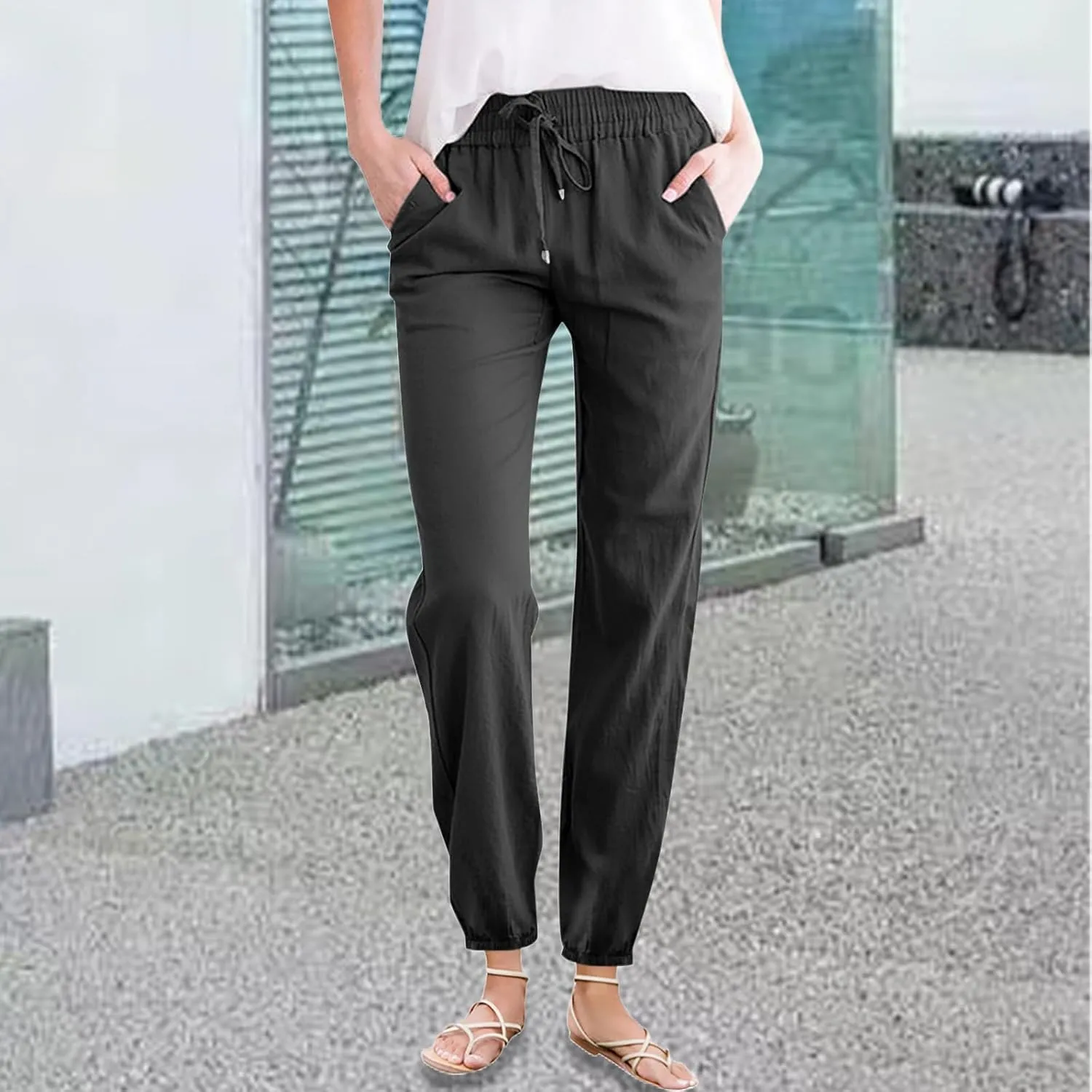 Womens Cotton Linen Casual Pants Straight Leg Drawstring Sweatpants Elastic High Waist Summer Trousers with Pockets