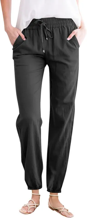 Womens Cotton Linen Casual Pants Straight Leg Drawstring Sweatpants Elastic High Waist Summer Trousers with Pockets