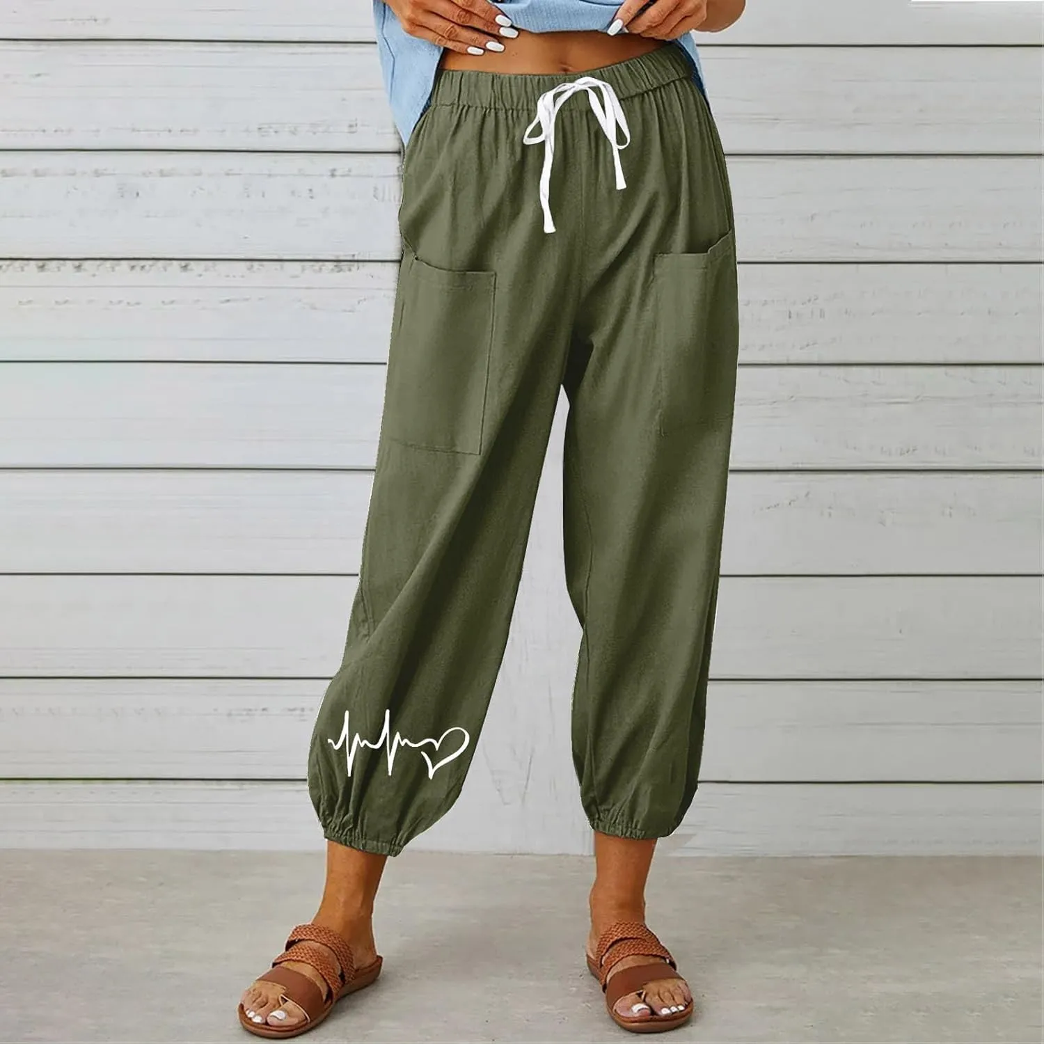 Women's Cotton Linen Drawstring Cropped Pant, Lightweight Loose High Waist Casual Pants Funny Print Pockets Trousers