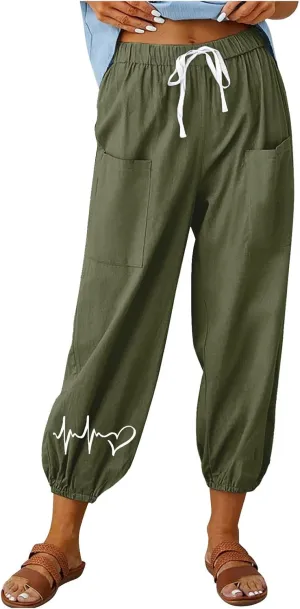 Women's Cotton Linen Drawstring Cropped Pant, Lightweight Loose High Waist Casual Pants Funny Print Pockets Trousers