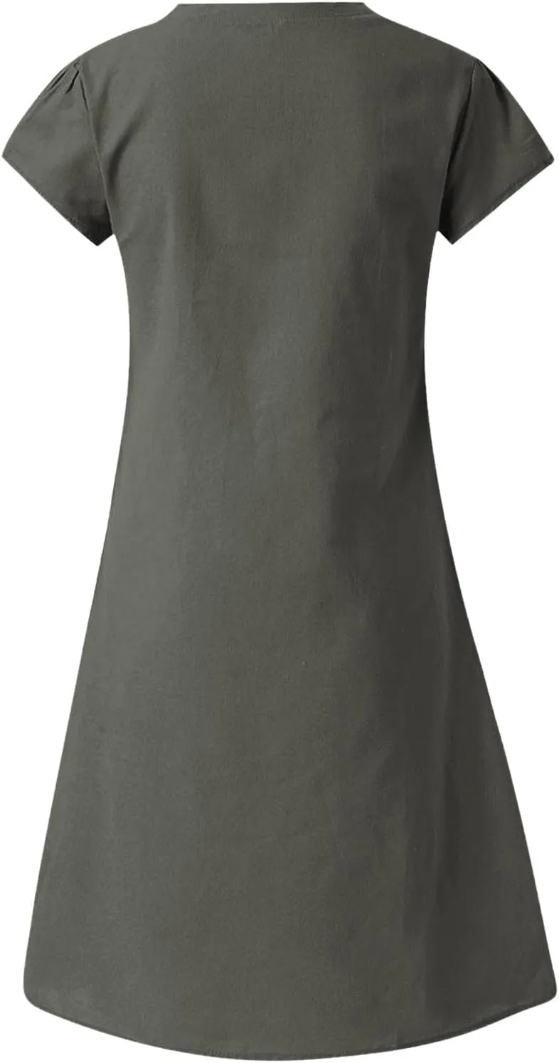 Women's Cotton Linen Dress 2025 Short Sleeve V Neck Knee Length Dresses Casual Solid Comfort Soft Beach Sundress