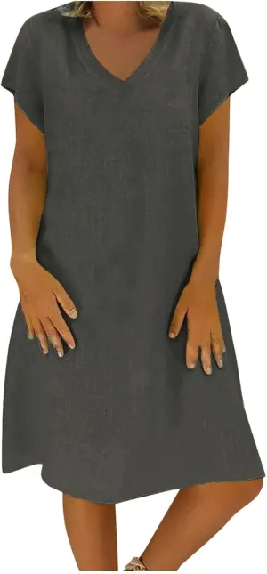 Women's Cotton Linen Dress 2025 Short Sleeve V Neck Knee Length Dresses Casual Solid Comfort Soft Beach Sundress