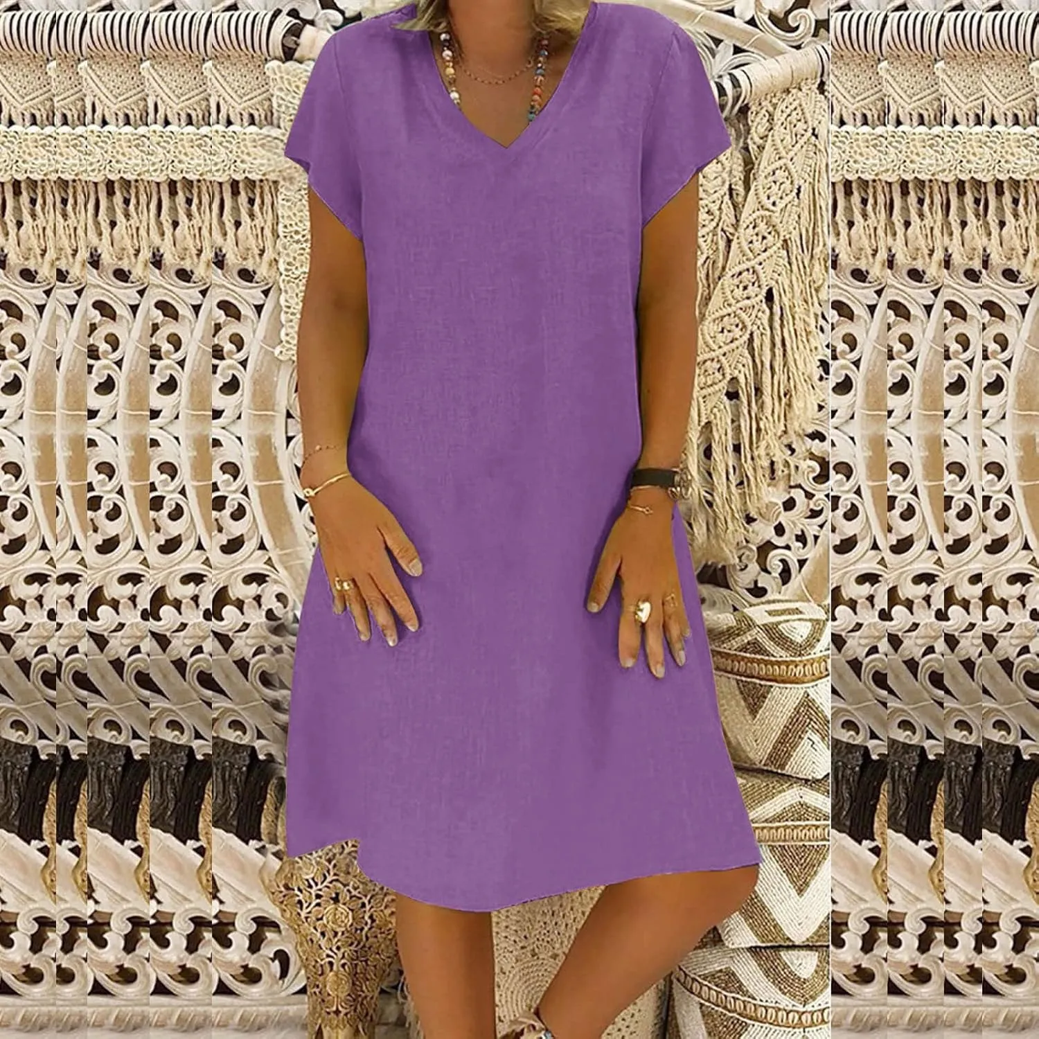 Women's Cotton Linen Dress 2025 Short Sleeve V Neck Knee Length Dresses Casual Solid Comfort Soft Beach Sundress