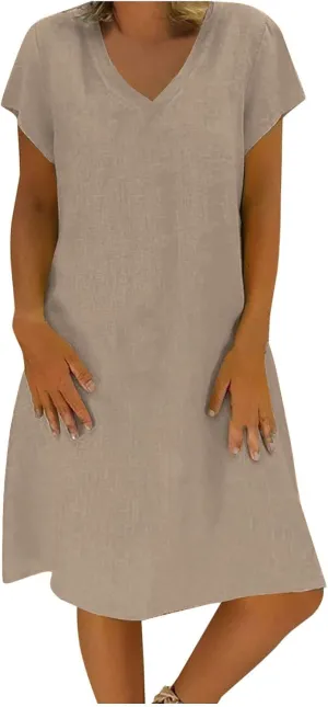 Women's Cotton Linen Dress 2025 Short Sleeve V Neck Knee Length Dresses Casual Solid Comfort Soft Beach Sundress