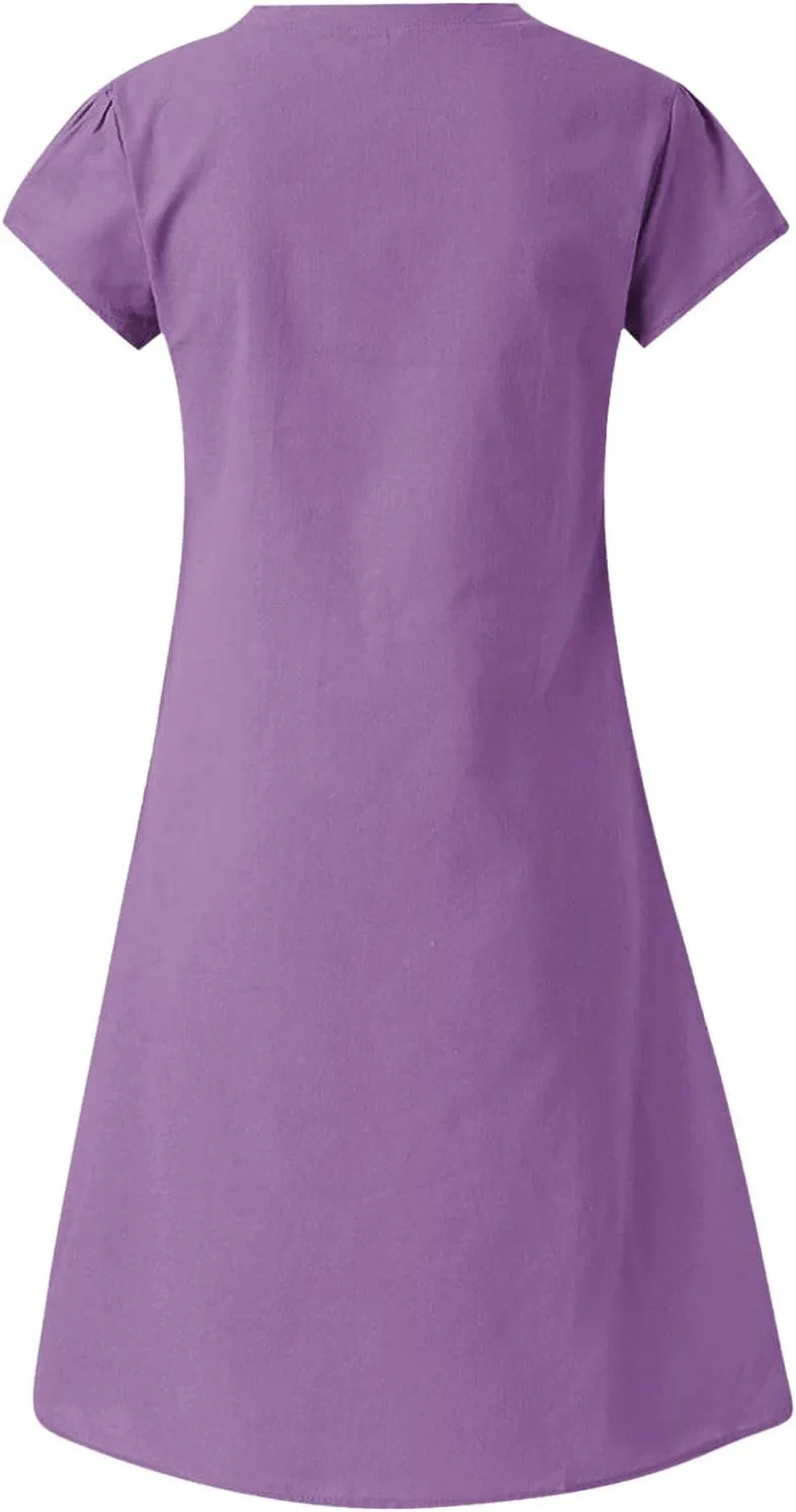 Women's Cotton Linen Dress 2025 Short Sleeve V Neck Knee Length Dresses Casual Solid Comfort Soft Beach Sundress