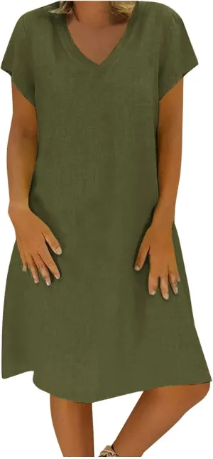 Women's Cotton Linen Dress 2025 Short Sleeve V Neck Knee Length Dresses Casual Solid Comfort Soft Beach Sundress