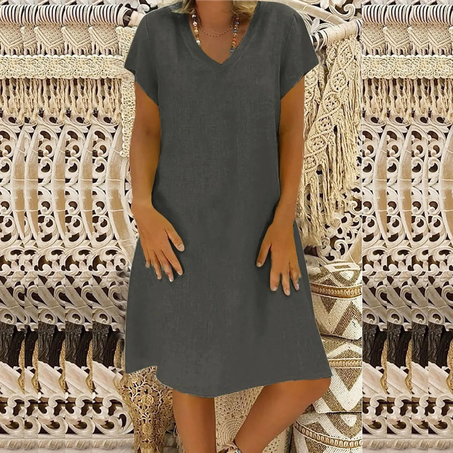 Women's Cotton Linen Dress 2025 Short Sleeve V Neck Knee Length Dresses Casual Solid Comfort Soft Beach Sundress