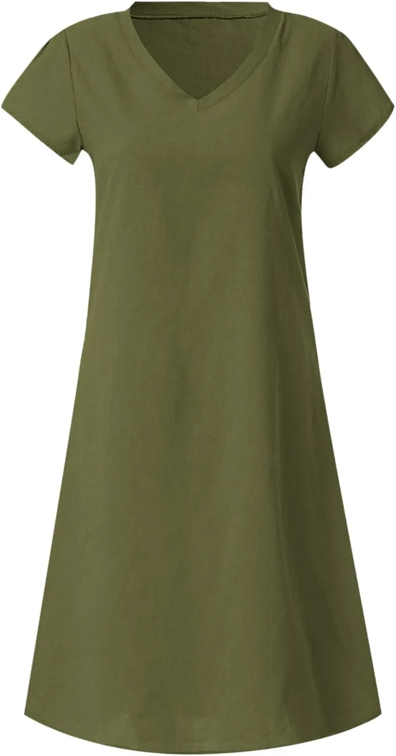 Women's Cotton Linen Dress 2025 Short Sleeve V Neck Knee Length Dresses Casual Solid Comfort Soft Beach Sundress