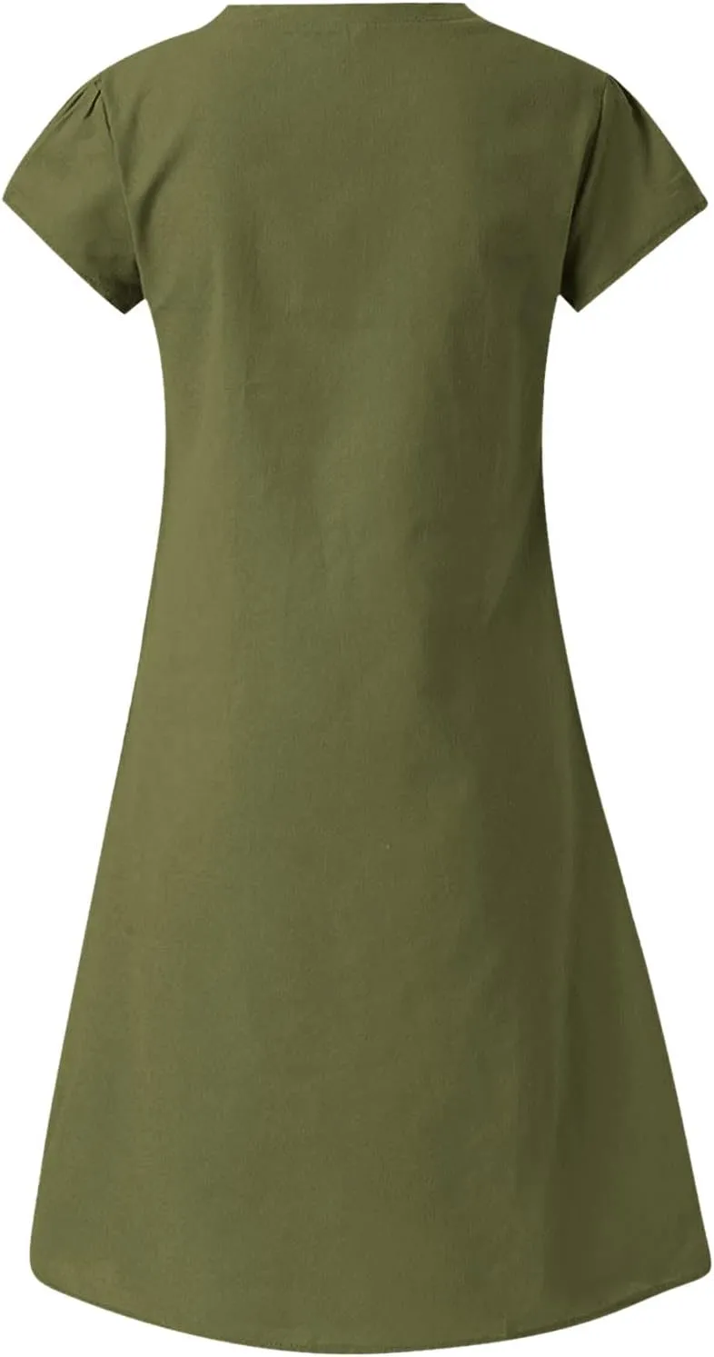 Women's Cotton Linen Dress 2025 Short Sleeve V Neck Knee Length Dresses Casual Solid Comfort Soft Beach Sundress