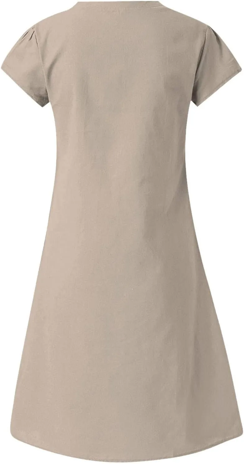 Women's Cotton Linen Dress 2025 Short Sleeve V Neck Knee Length Dresses Casual Solid Comfort Soft Beach Sundress