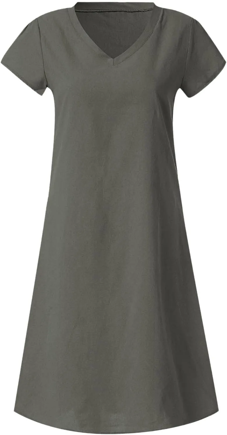 Women's Cotton Linen Dress 2025 Short Sleeve V Neck Knee Length Dresses Casual Solid Comfort Soft Beach Sundress