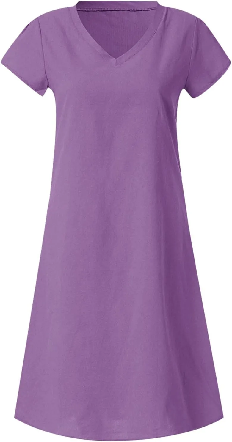 Women's Cotton Linen Dress 2025 Short Sleeve V Neck Knee Length Dresses Casual Solid Comfort Soft Beach Sundress