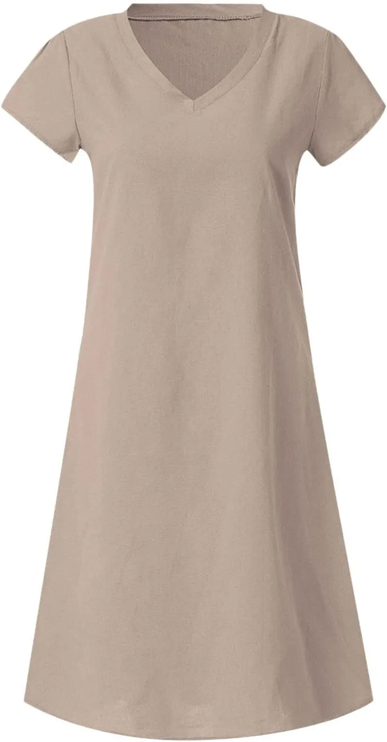 Women's Cotton Linen Dress 2025 Short Sleeve V Neck Knee Length Dresses Casual Solid Comfort Soft Beach Sundress