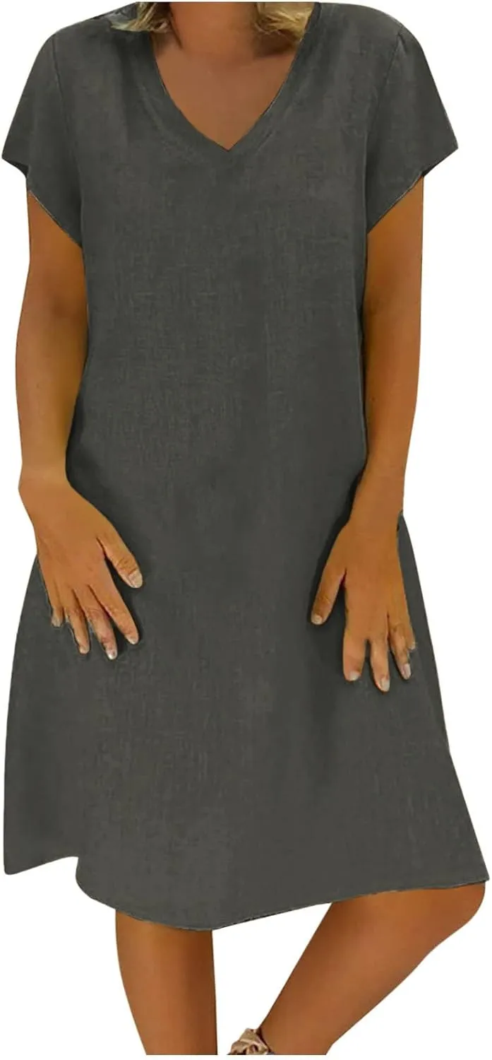 Women's Cotton Linen Dress 2025 Short Sleeve V Neck Knee Length Dresses Casual Solid Comfort Soft Beach Sundress