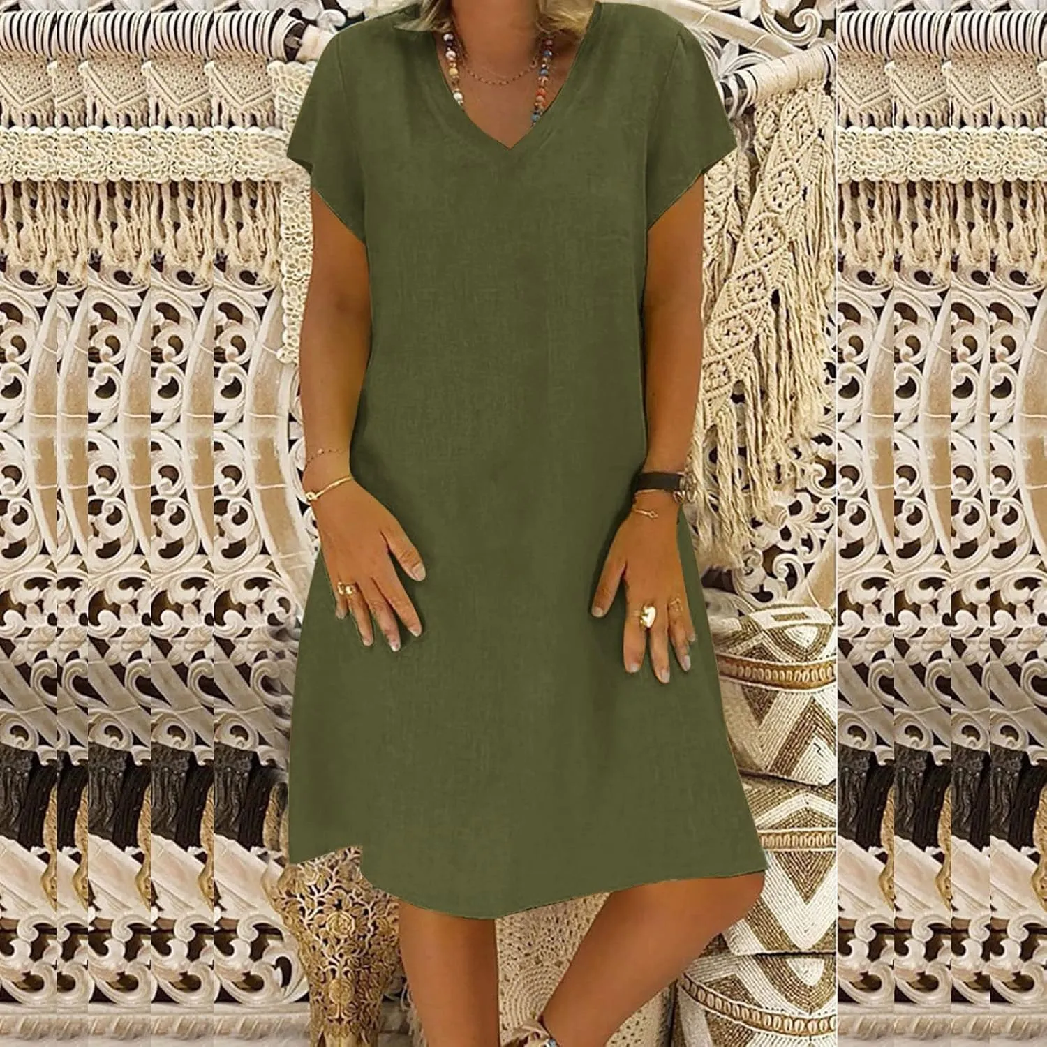 Women's Cotton Linen Dress 2025 Short Sleeve V Neck Knee Length Dresses Casual Solid Comfort Soft Beach Sundress