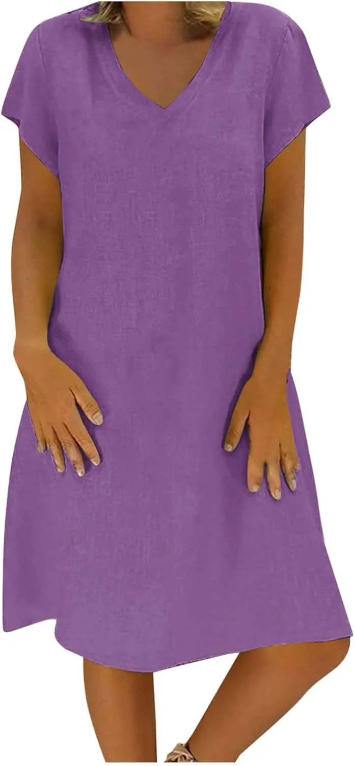 Women's Cotton Linen Dress 2025 Short Sleeve V Neck Knee Length Dresses Casual Solid Comfort Soft Beach Sundress